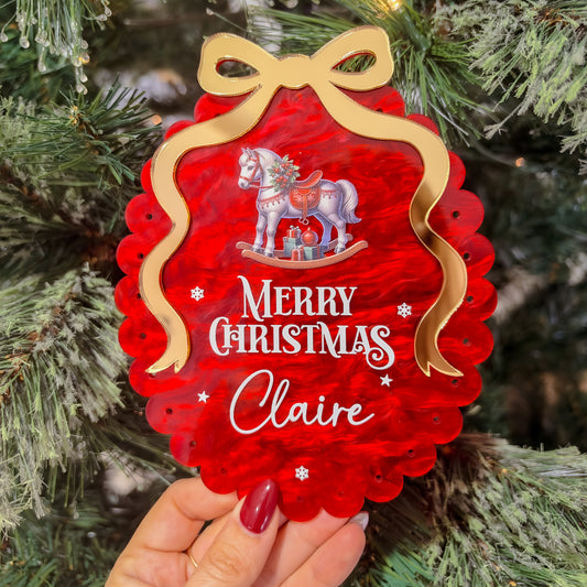 FIRST CHRISTMAS PLAQUE | Personalised | Scalloped Oval with Bow