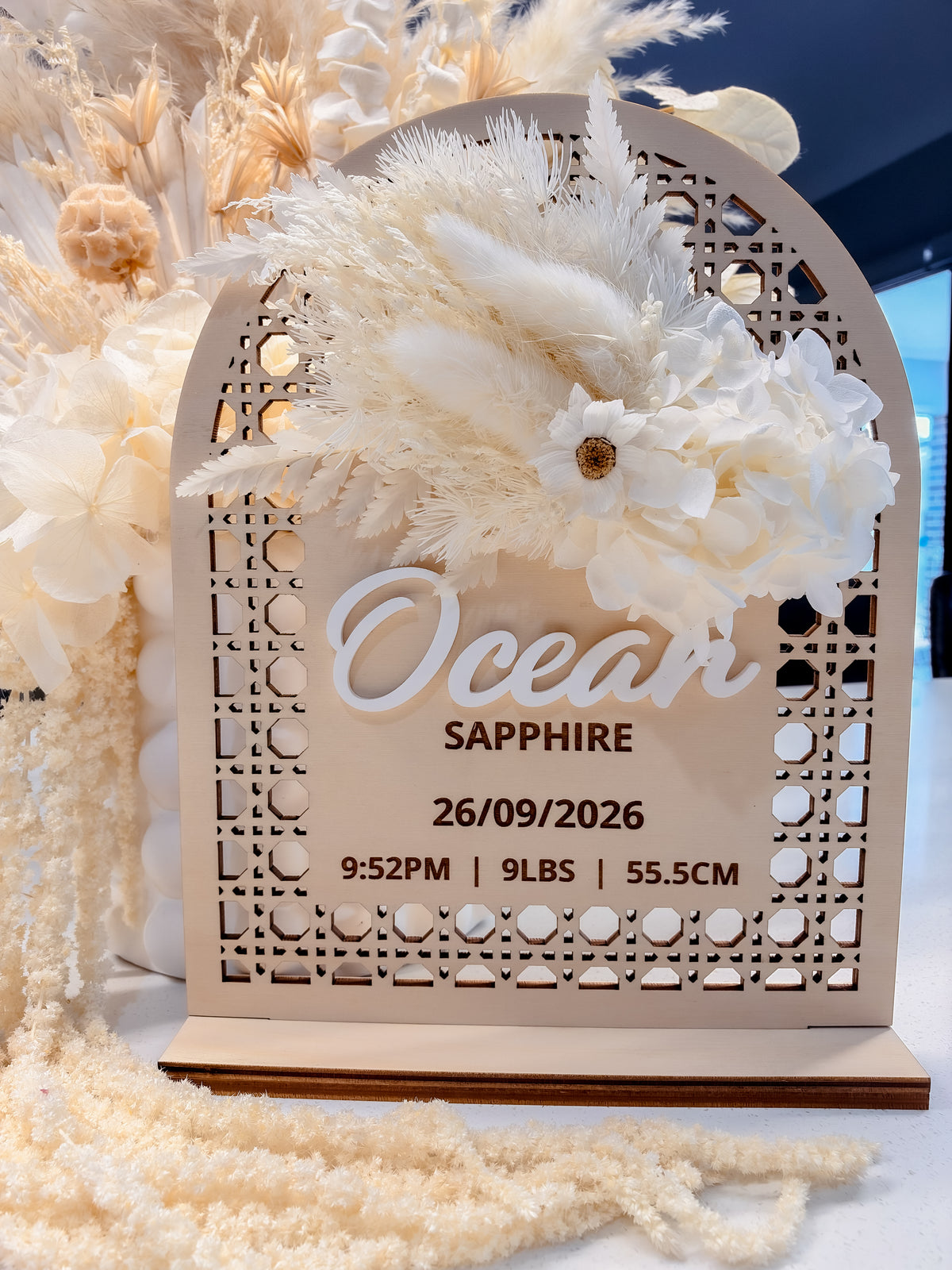 RATTAN LOOK ARCH SIGN w/ dried flowers | Birth Details Name Sign with stand | Plywood
