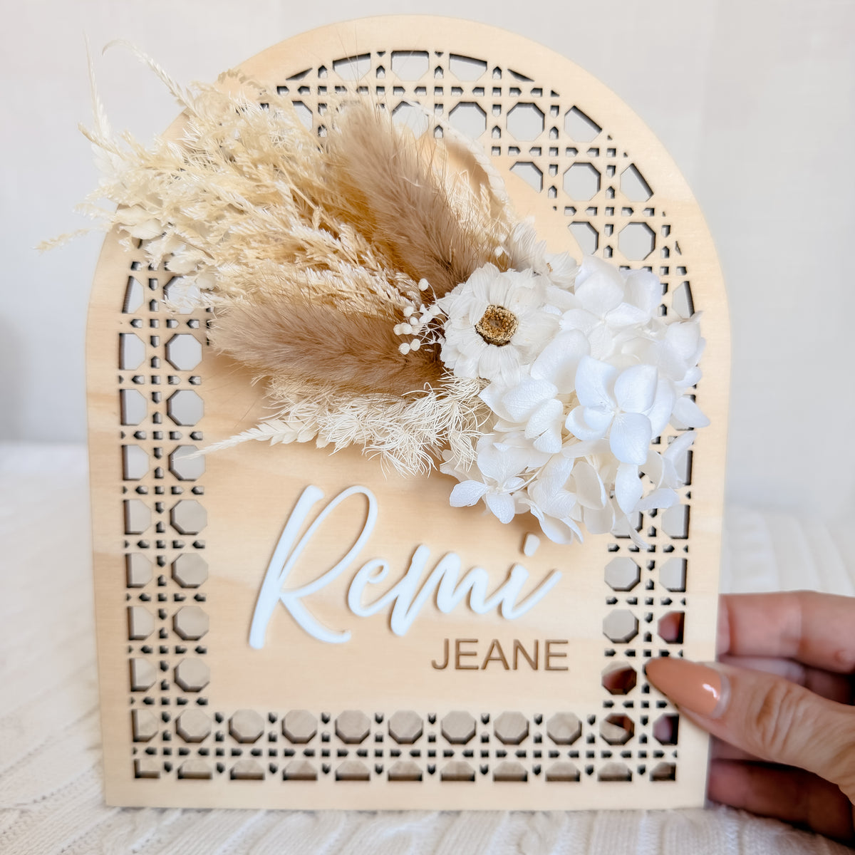 Wooden Rattan Look Name Sign w/ dried flowers (arch)