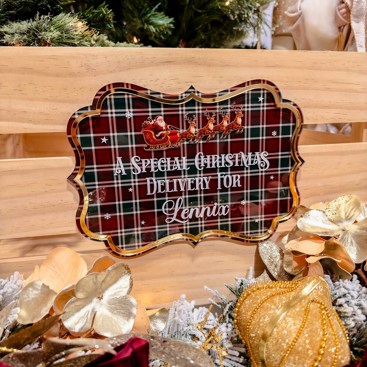 CHRISTMAS CRATE PLAQUE | Personalised | Tartan UV Printed Acrylic