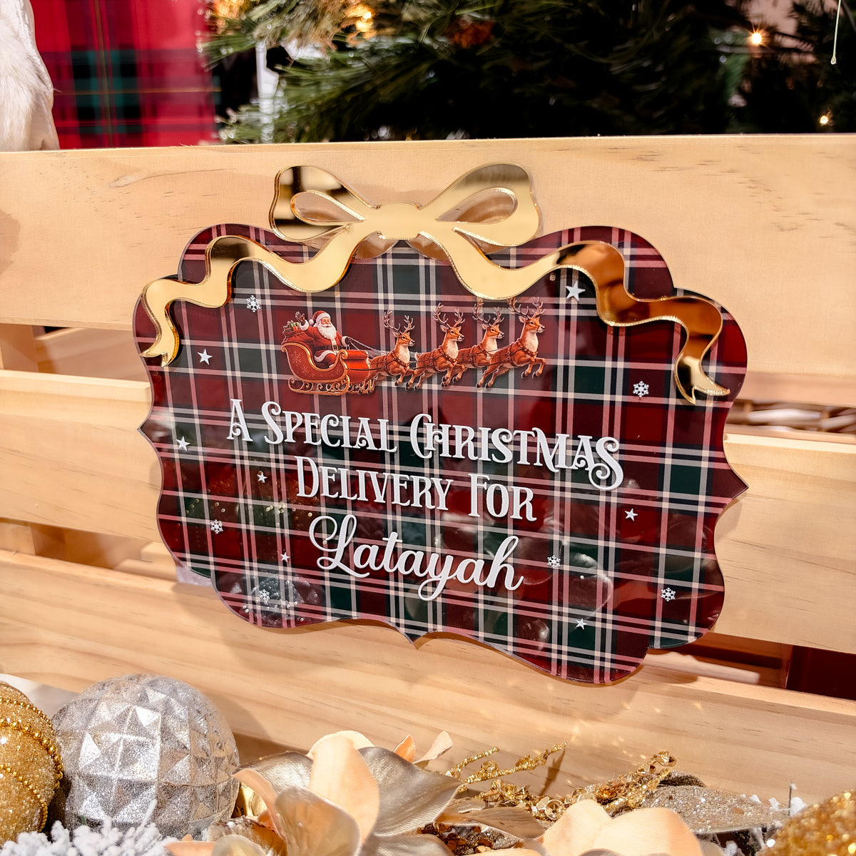 CHRISTMAS CRATE PLAQUE | Personalised | Tartan UV Printed Acrylic