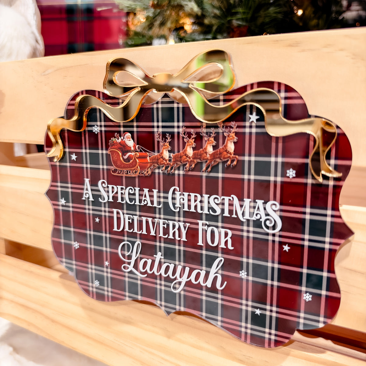 CHRISTMAS CRATE PLAQUE | Personalised | Tartan UV Printed Acrylic