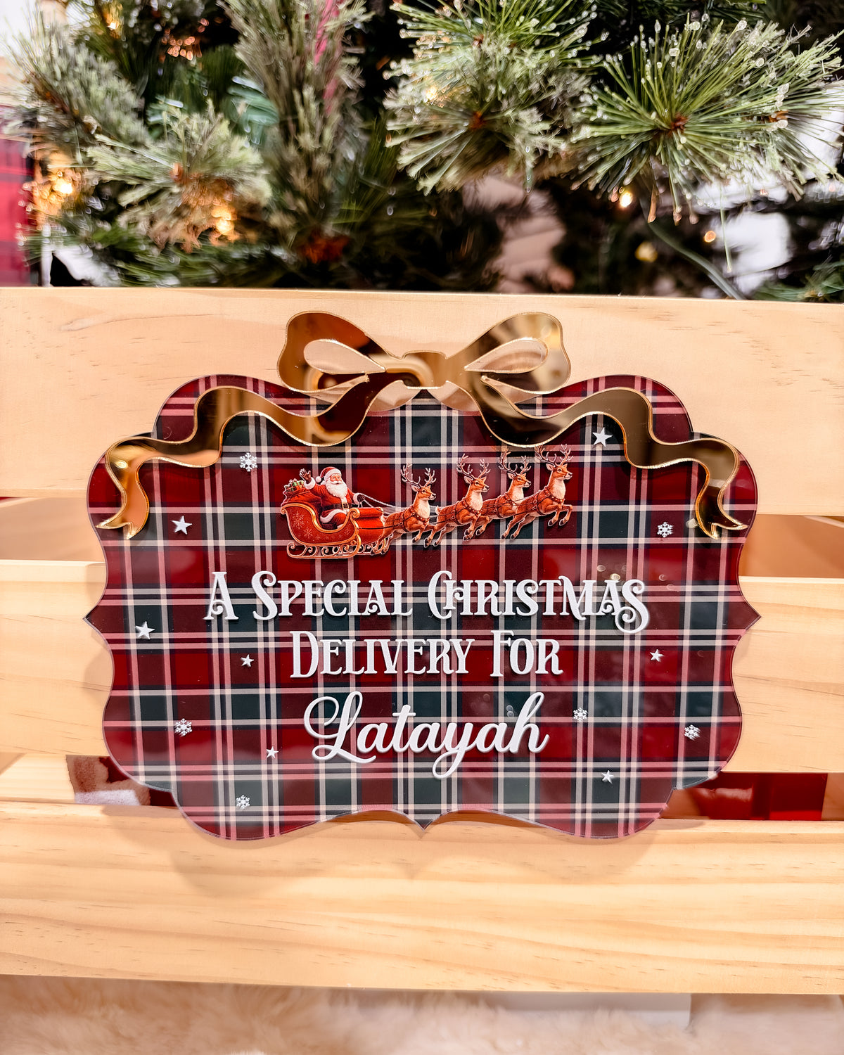 CHRISTMAS CRATE PLAQUE | Personalised | Tartan UV Printed Acrylic
