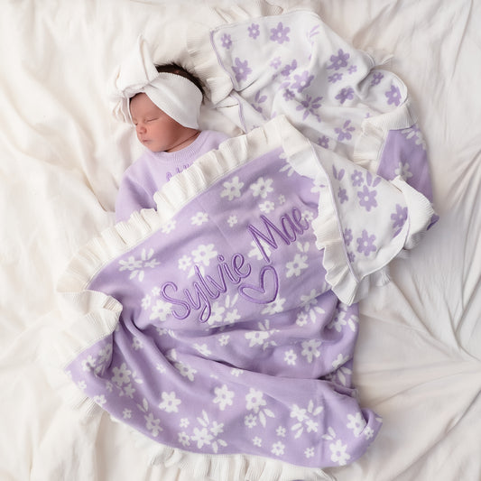 FRILL KNIT BLANKET | Daisy Floral Lilac