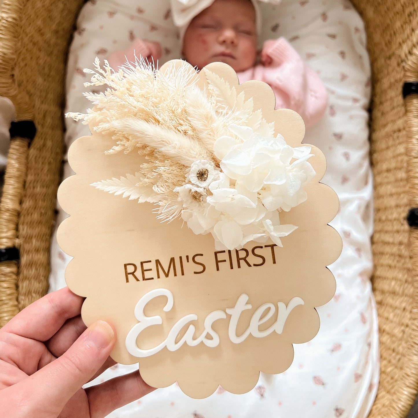FIRST EASTER OVAL PLAQUE with Dried Flowers | Plywood & Acrylic | Personalised