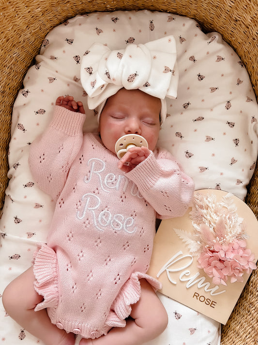 FRILL KNIT POINTELLE ROMPER | BABY PINK