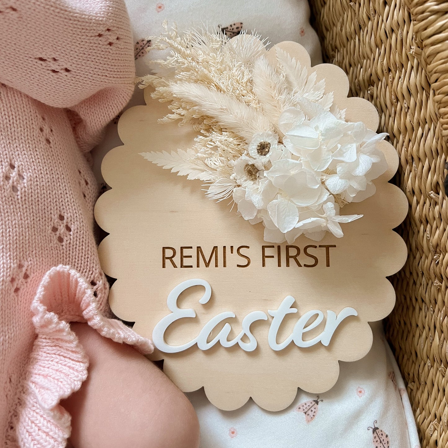FIRST EASTER OVAL PLAQUE with Dried Flowers | Plywood & Acrylic | Personalised