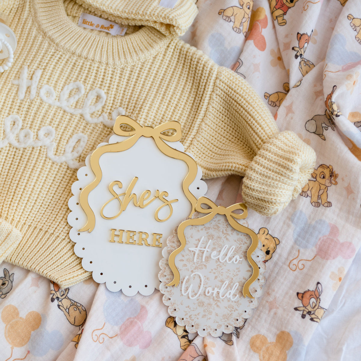 SHE'S HERE VINTAGE BOW BIRTH ANNOUNCEMENT PLAQUE | Scallop Oval Acrylic