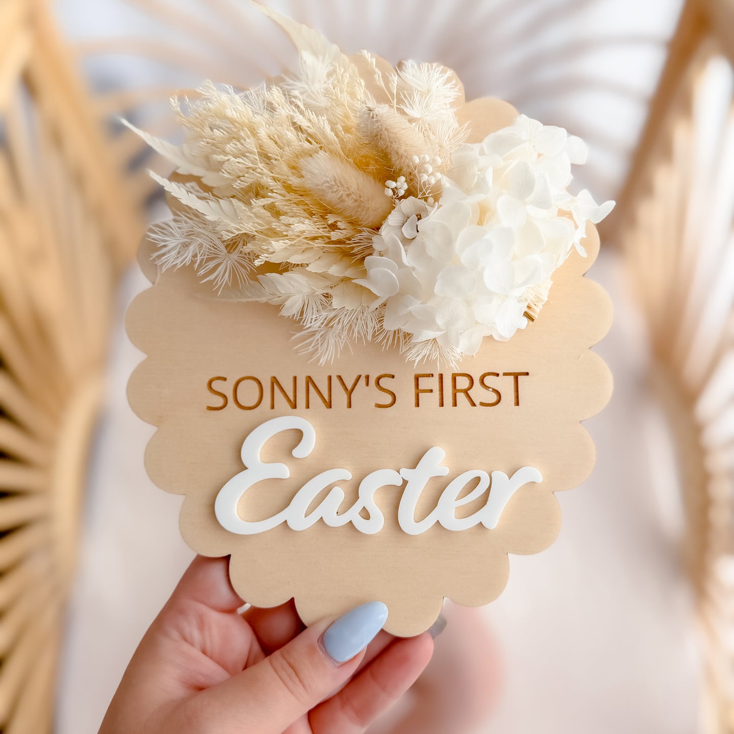 FIRST EASTER OVAL PLAQUE with Dried Flowers | Plywood & Acrylic | Personalised