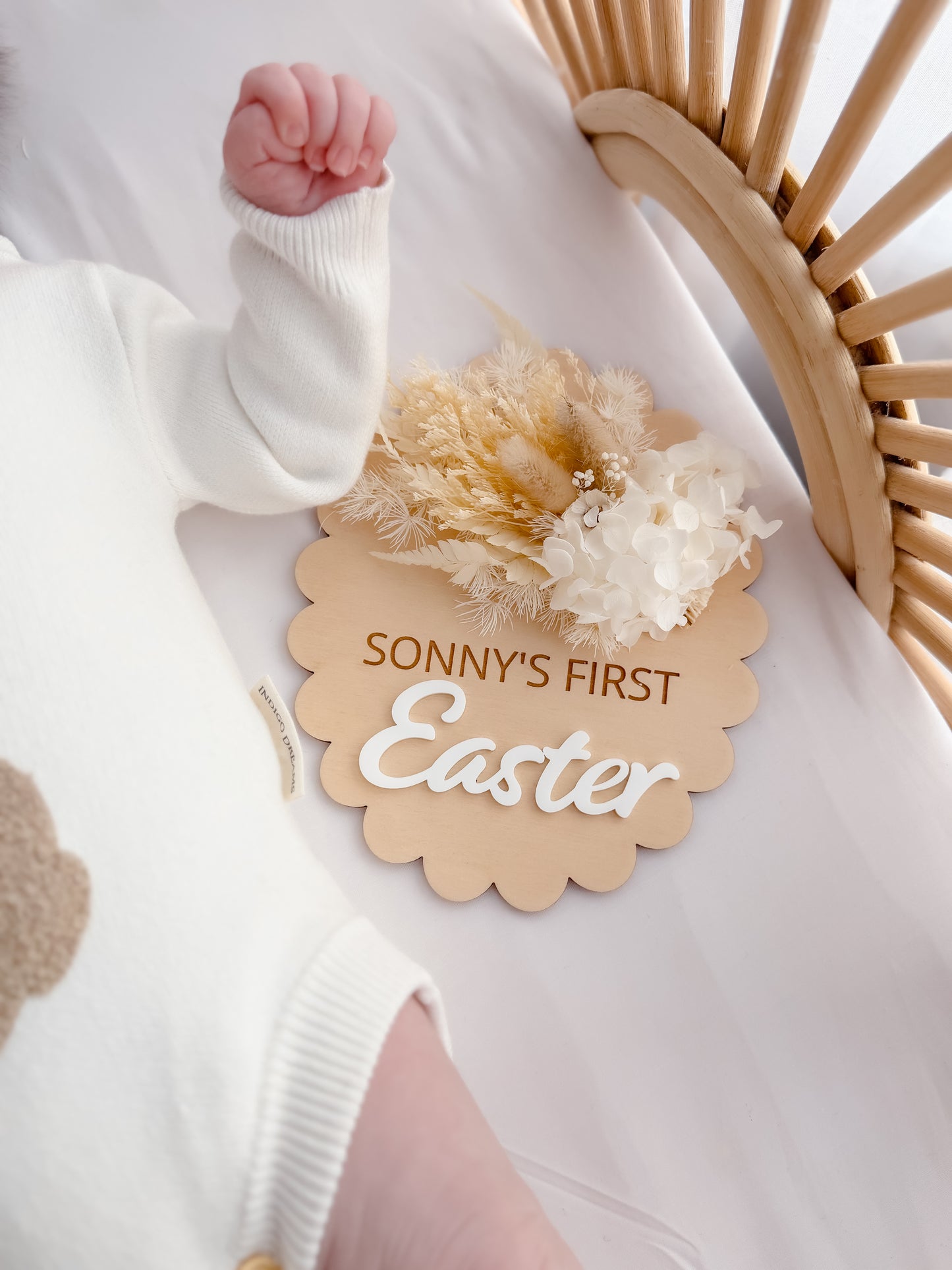 FIRST EASTER OVAL PLAQUE with Dried Flowers | Plywood & Acrylic | Personalised