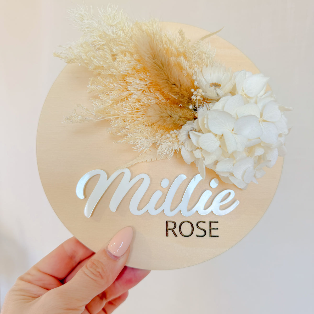 Wooden Name Plaque w/ dried flowers (Round)