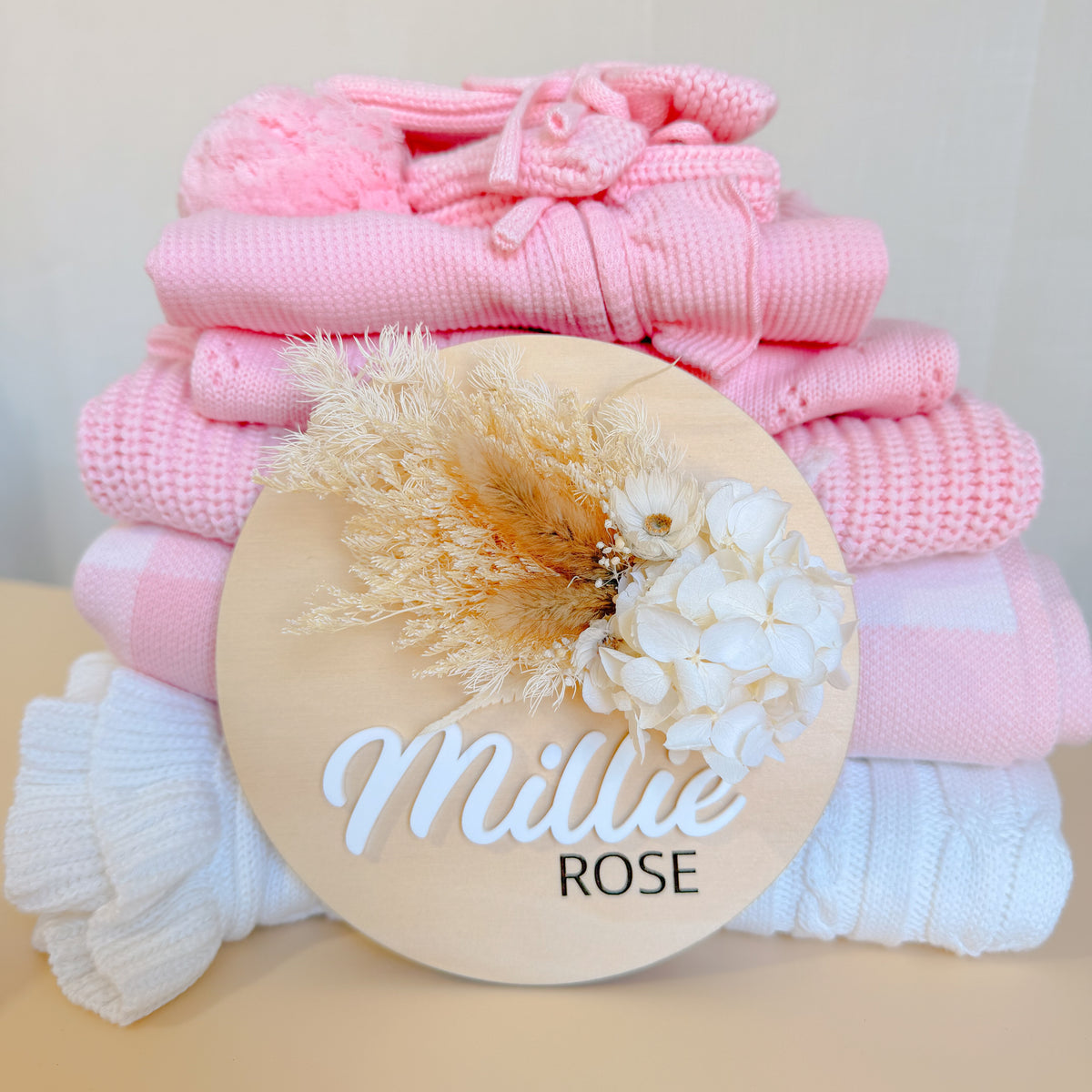 Wooden Name Plaque w/ dried flowers (Round)