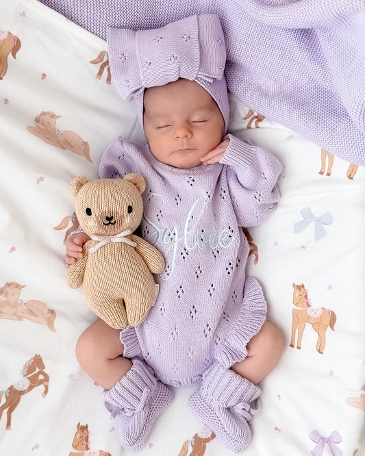 FRILL KNIT POINTELLE ROMPER | Pastel Lilac
