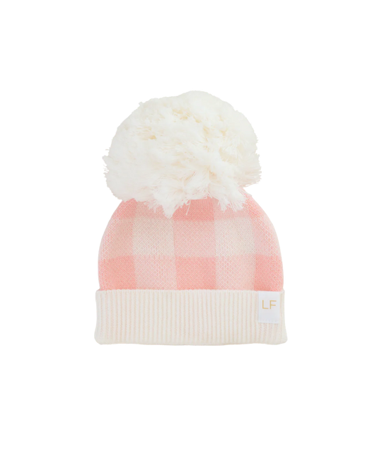 KNITTED POM BEANIE | Pink Gingham