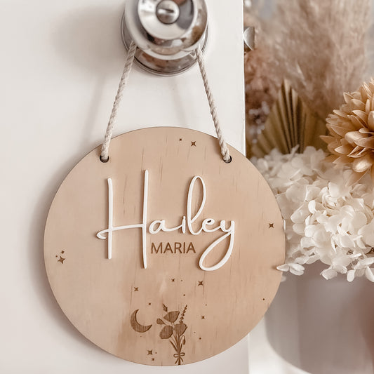 Hanging Wooden Name Plaque - Celestial Floral