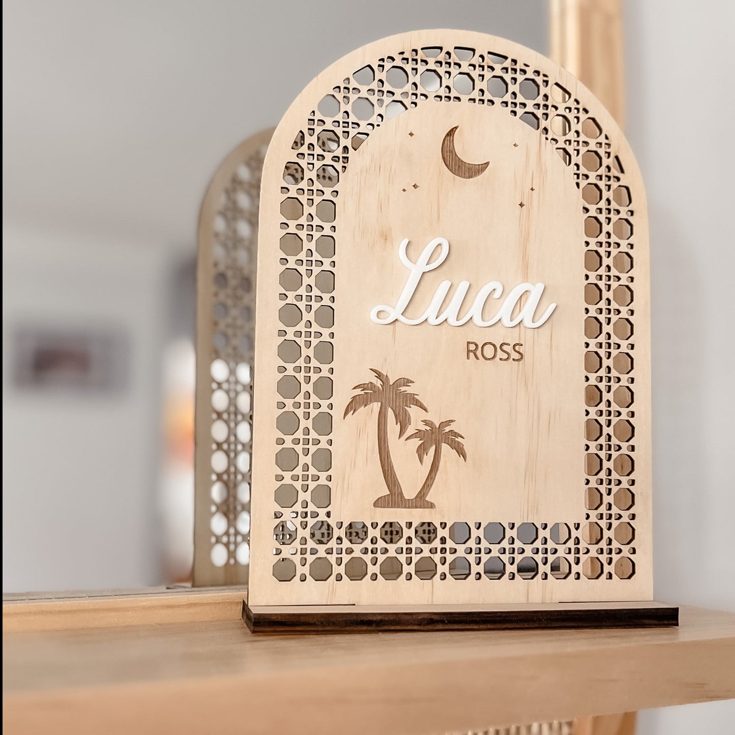 Wooden Rattan Look Name Sign w/ stand (SEVERAL DESIGNS)