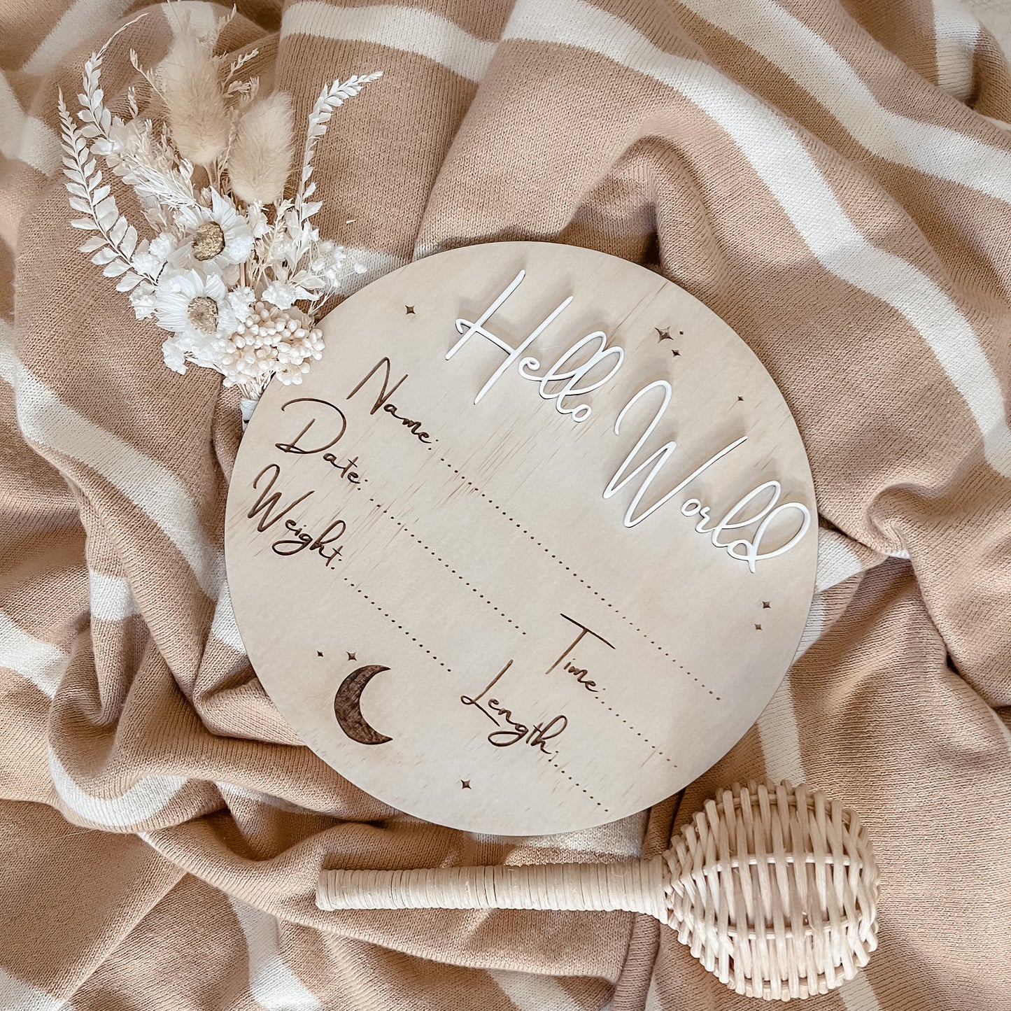 Wooden "Hello World" Birth Announcement Plaque - Celestial