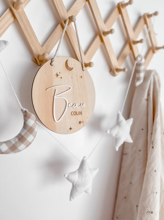 Hanging Wooden Name Plaque - Moon & Star