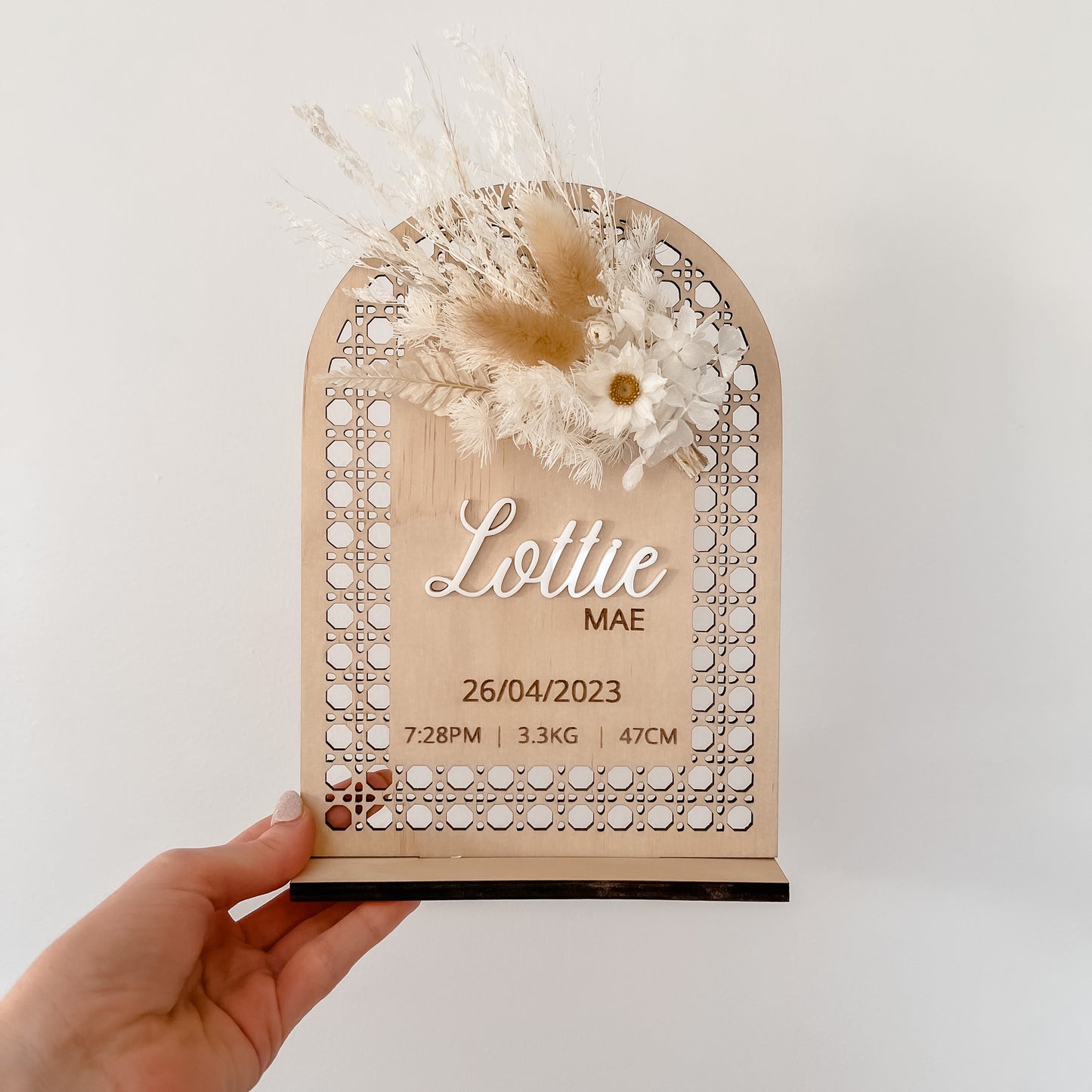 Wooden Rattan Look Birth Announcement w/ dried flowers (Stand Included)