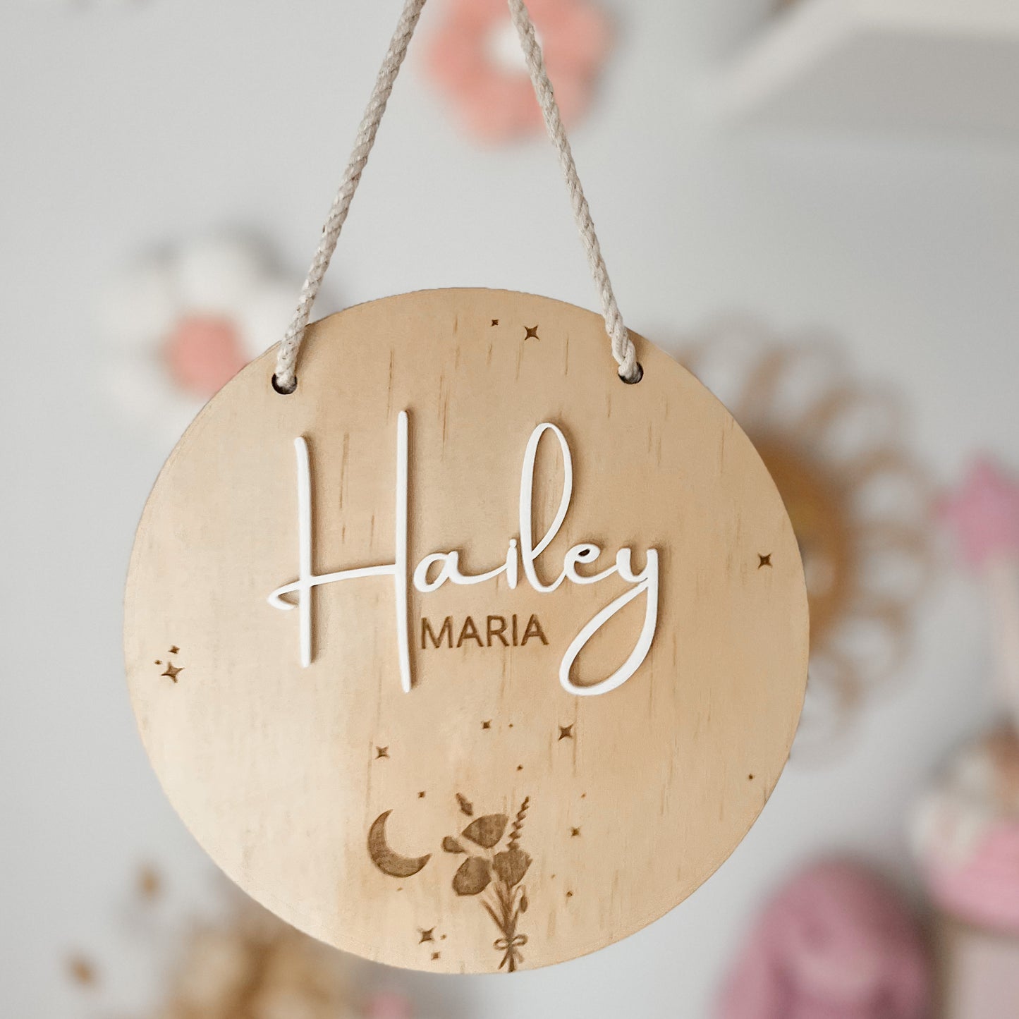 Hanging Wooden Name Plaque - Celestial Floral