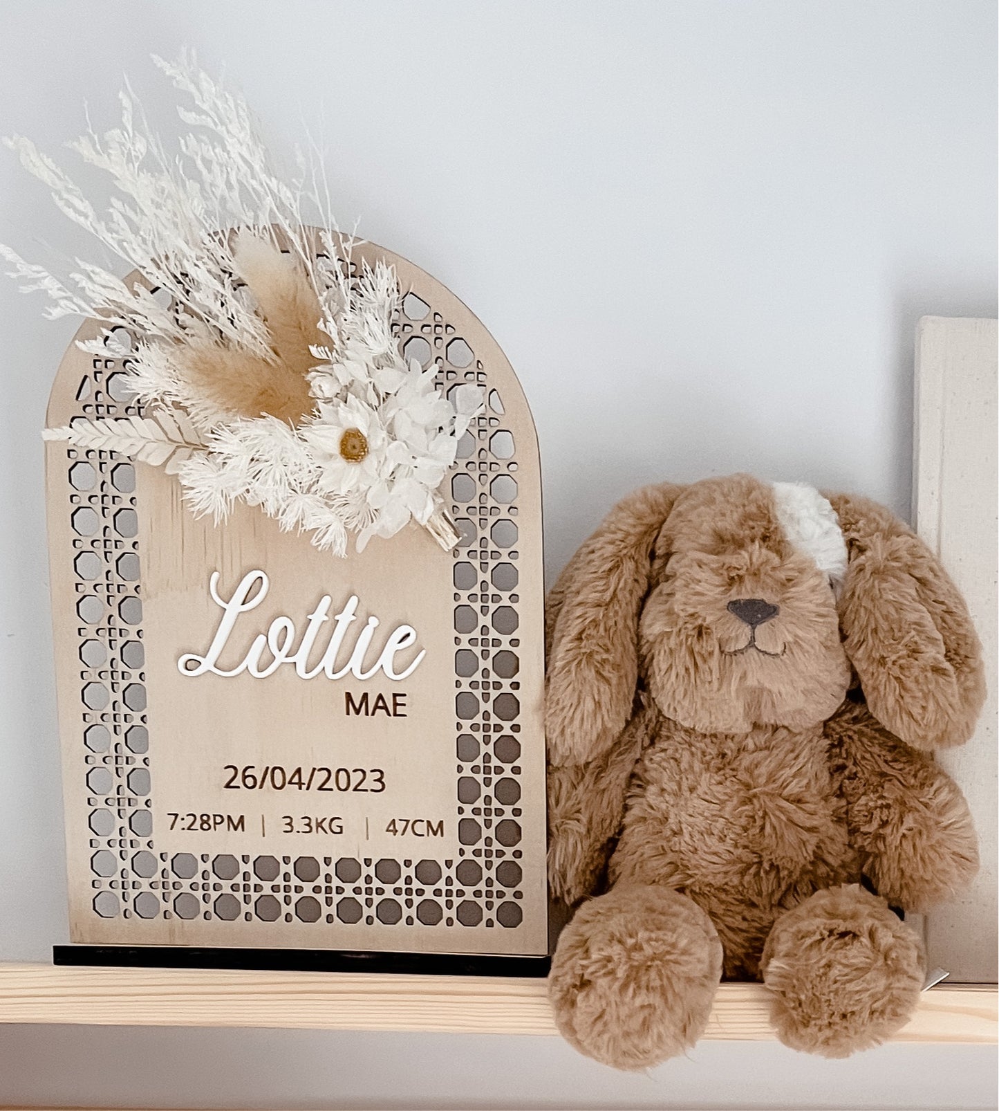 Wooden Rattan Look Birth Announcement w/ dried flowers (Stand Included)