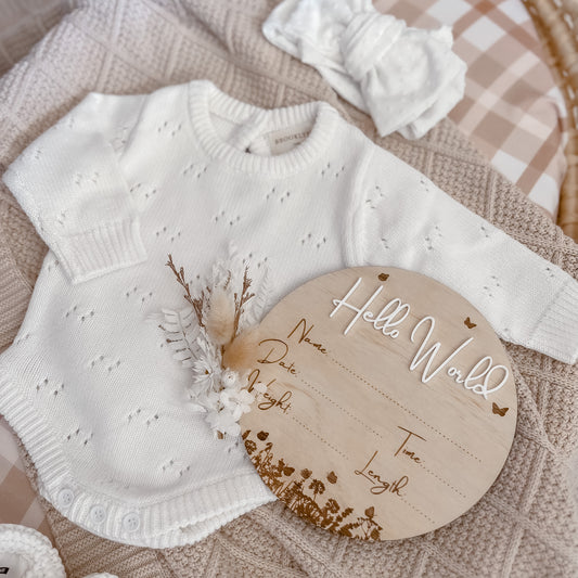 Wooden "Hello World" Birth Announcement Plaque - Butterfly field Design - 19cm