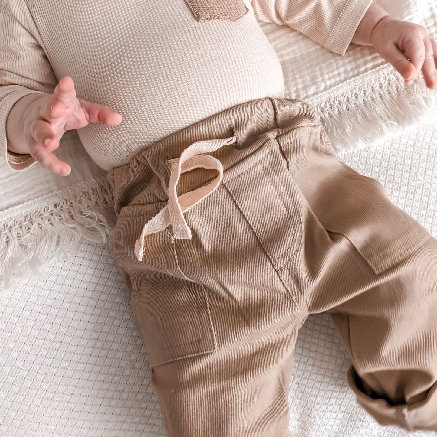 Baby chino pants, drawstring, tan. Boys trousers. with pockets