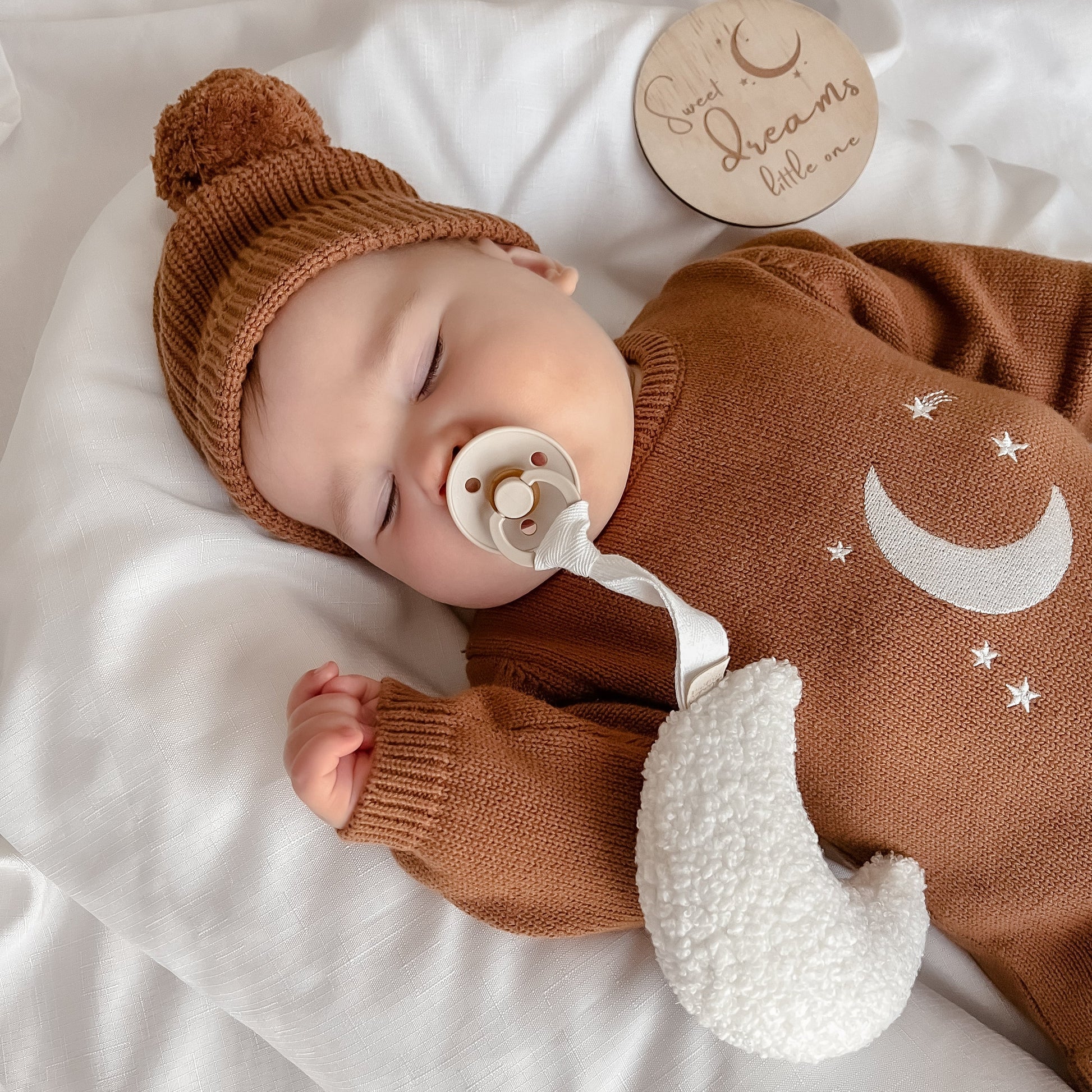 Knitted romper, moon romper, baby knitwear, baby beanie, crescent design, moon and stars, knit sweater