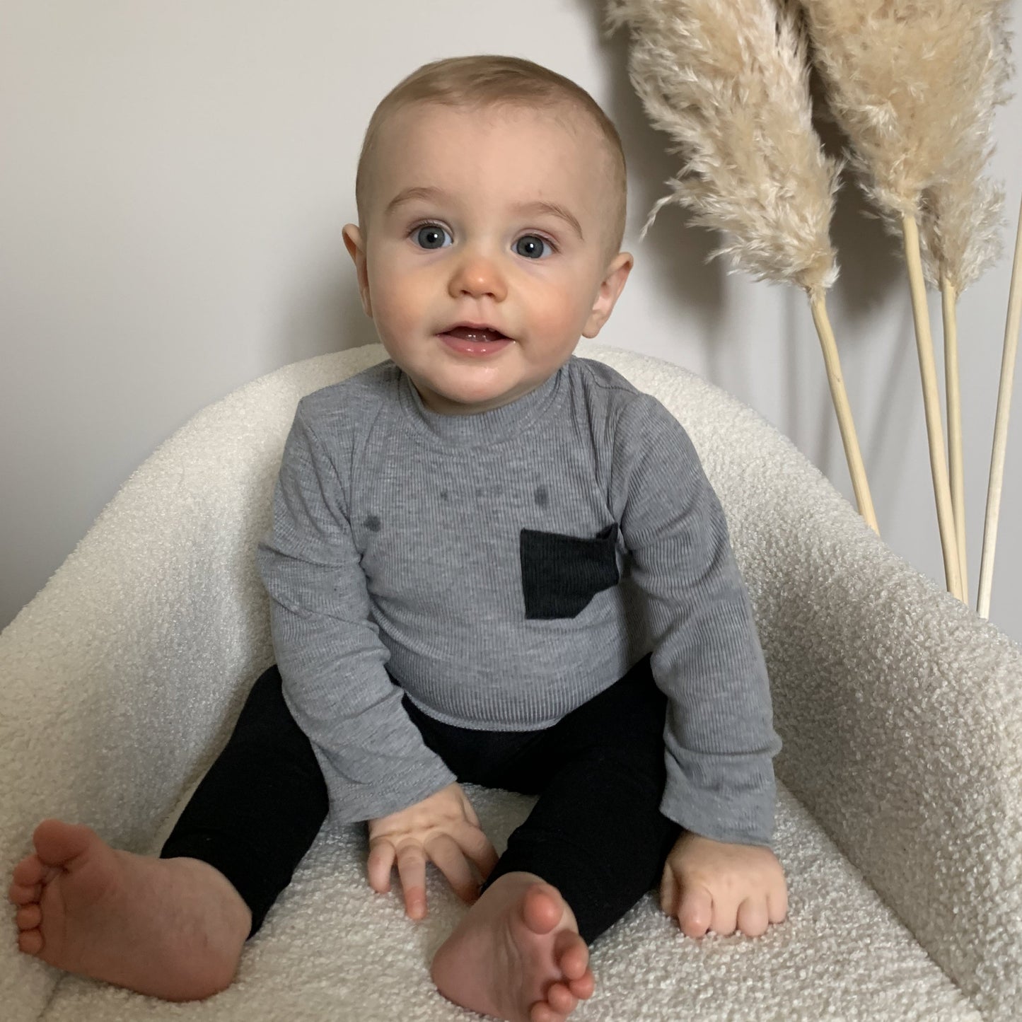 Grey and charcoal romper, long sleeve bodysuit, ribbed cotton, cute baby, baby boy clothes. Press studs & pocket