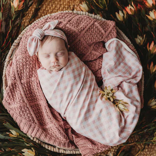 Pink Gingham Jersey Swaddle Stretch Wrap & Beanie Set