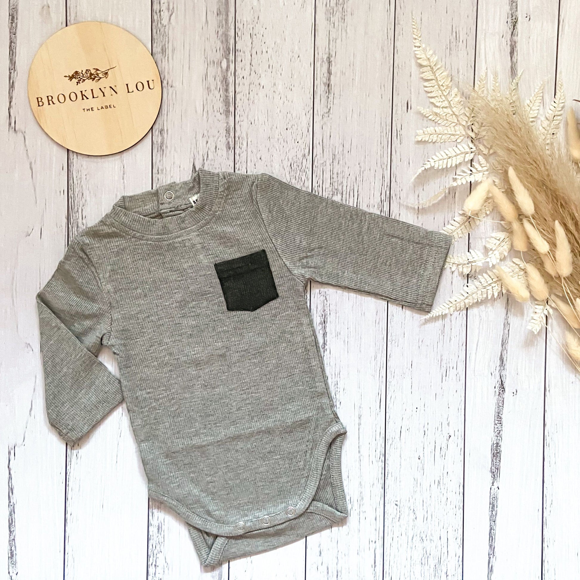 Grey and charcoal romper, long sleeve bodysuit, ribbed cotton, cute baby, baby boy clothes. Press studs & pocket