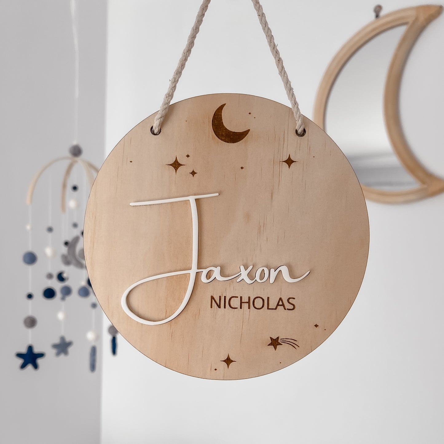 Hanging Wooden Name Plaque - Moon & Star
