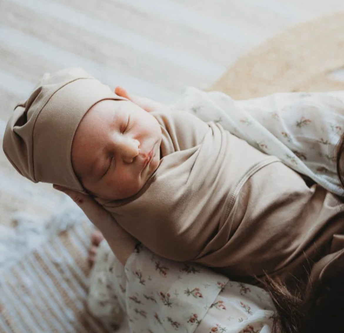 Camel Jersey Swaddle Stretch Wrap & Beanie Set