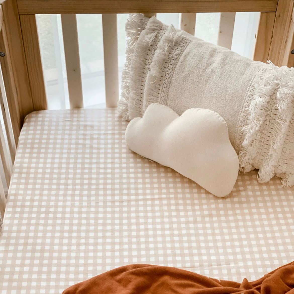 Sand Gingham Fitted Cot Sheet