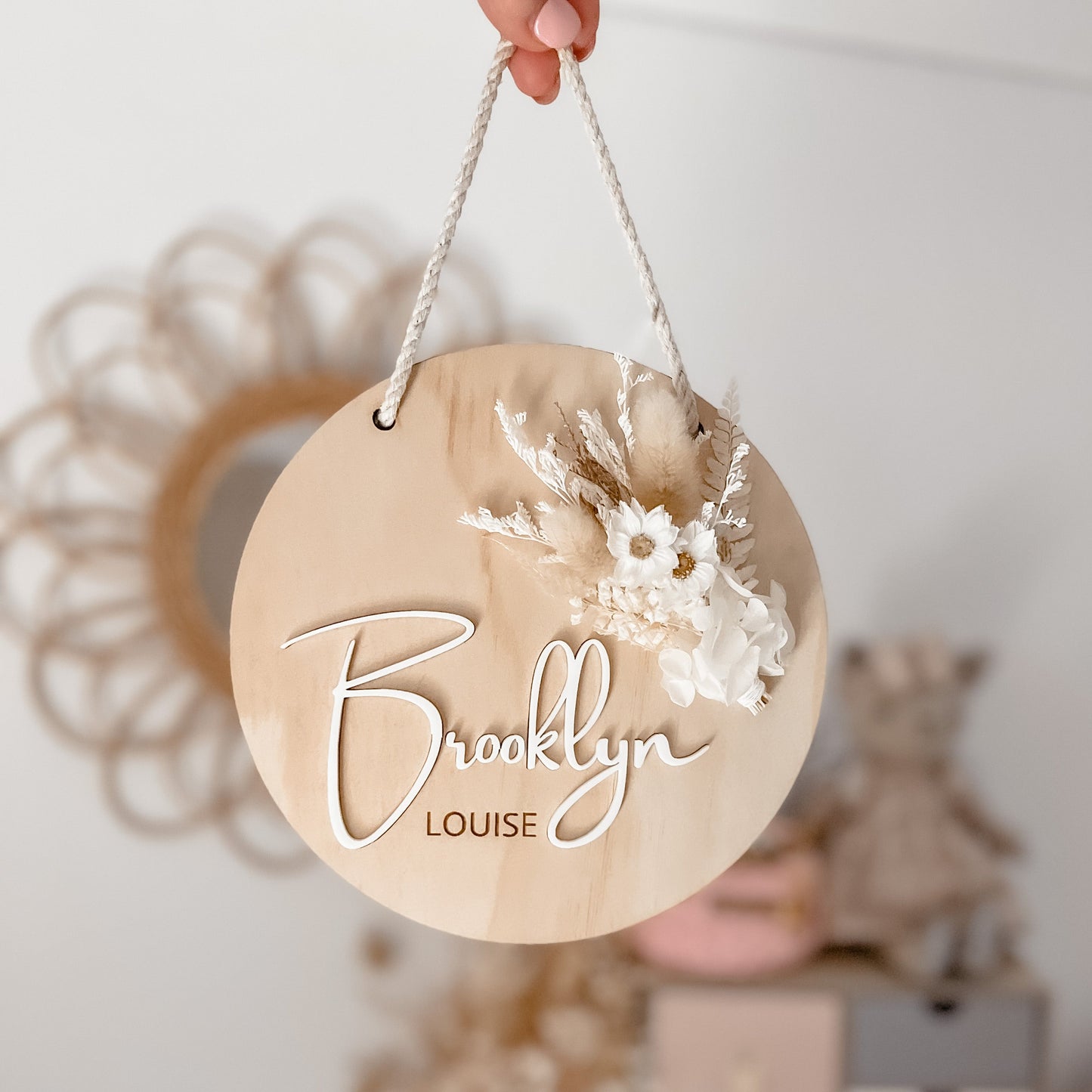 Wooden Name Hanging Plaque w/ mini Dried Flowers